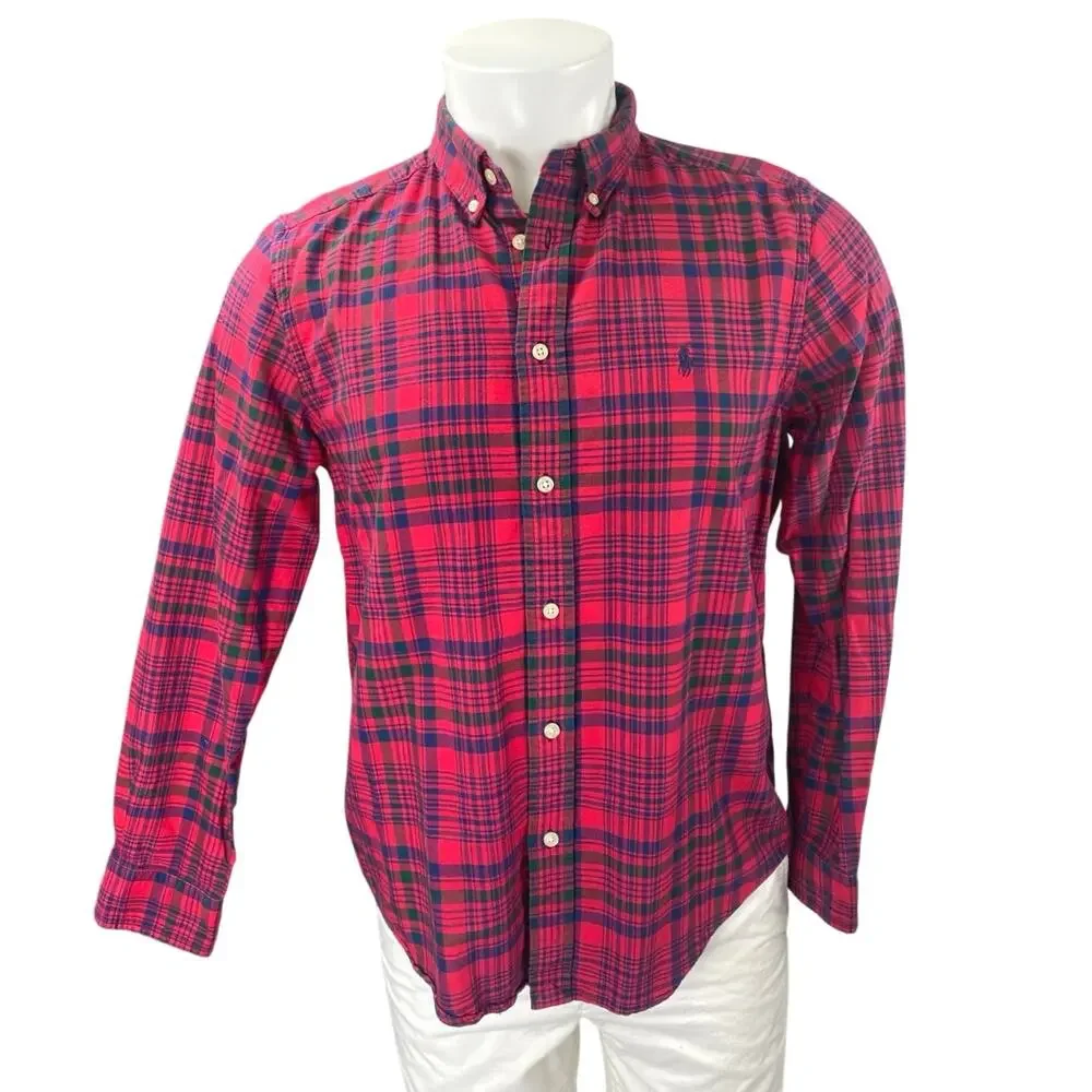 Ralph Lauren Men's Red Plaid Flannel Long Sleeve Button Up Shirt Top Size XL